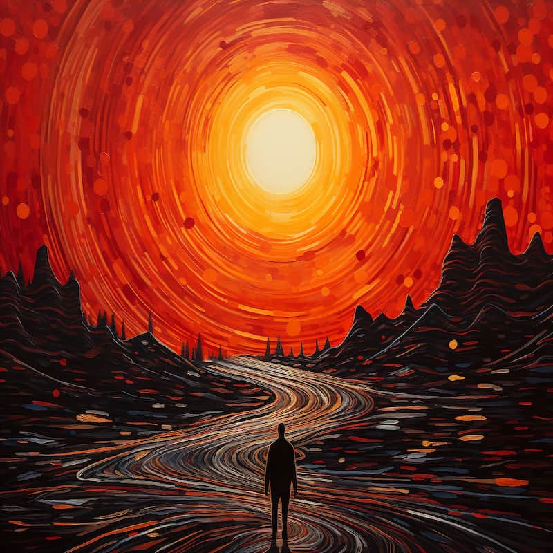 Paint by numbers artwork of a lone figure walking on a swirling path toward a blazing golden sun in a fiery red-orange sky.