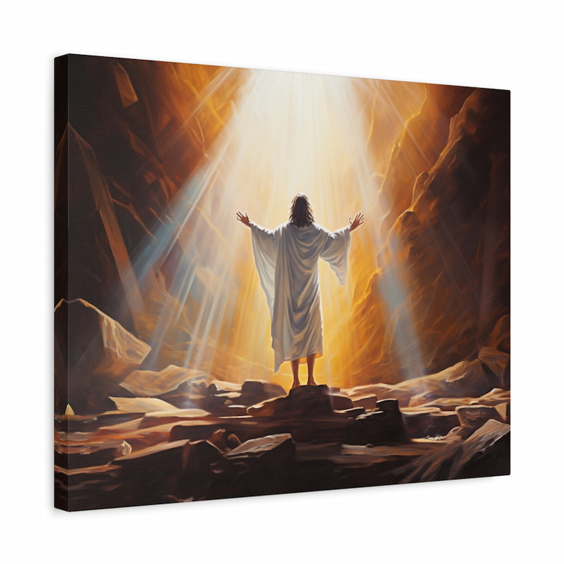 Paint by numbers kit showing Jesus in a white robe with arms raised, standing in radiant golden light inside a cave shown in a frame