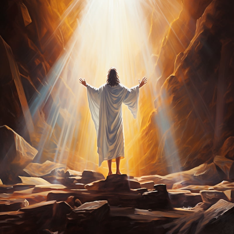 Paint by numbers kit showing Jesus in a white robe with arms raised, standing in radiant golden light inside a cave.