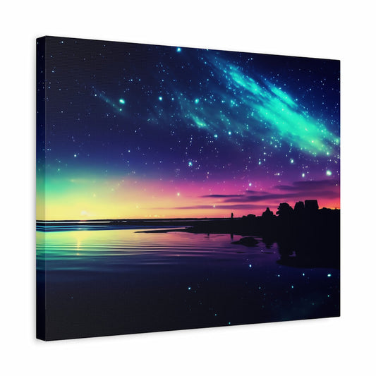 Paint by numbers kit of a glowing night sky filled with stars and a colorful galaxy over a calm shoreline at sunset shown in a frame