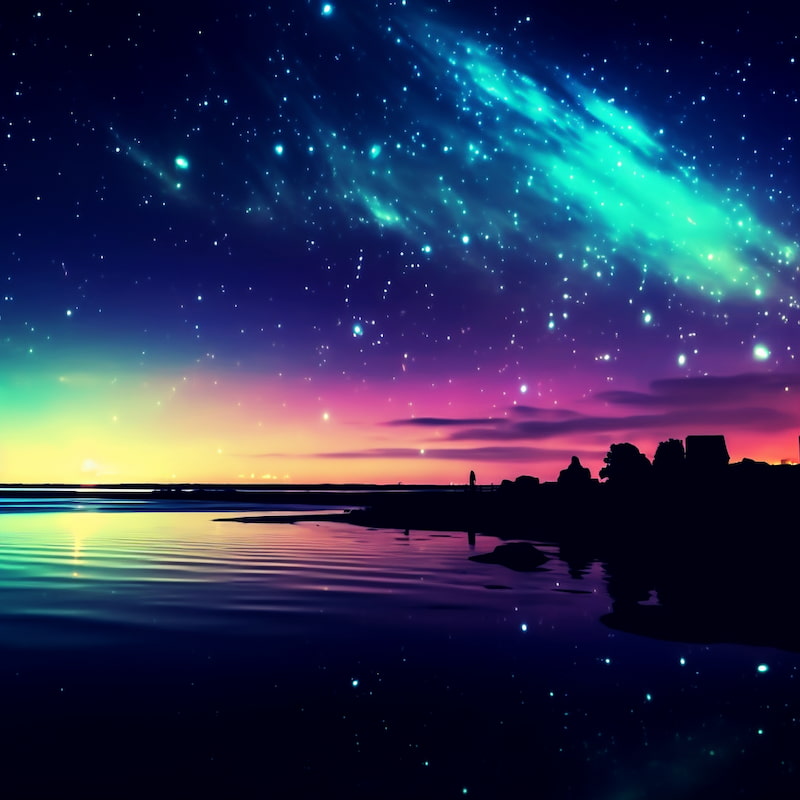 Paint by numbers kit of a glowing night sky filled with stars and a colorful galaxy over a calm shoreline at sunset.