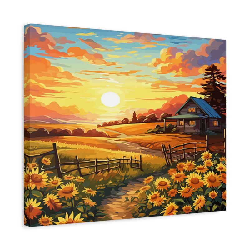 Sunflower field at sunset with a country cottage, rustic fence, and golden sky – paint by numbers kit design shown in a frame