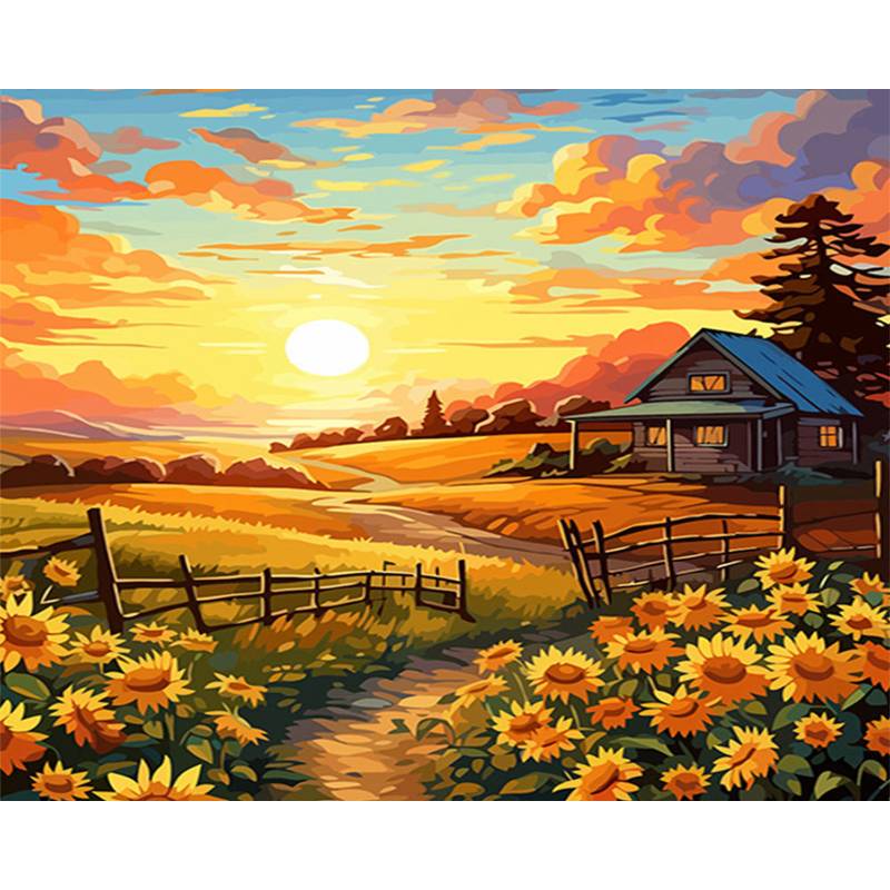Sunflower field at sunset with a country cottage, rustic fence, and golden sky – paint by numbers kit design.