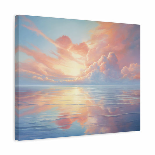 Paint by numbers kit for adults featuring a sunrise over calm ocean waters with pastel clouds and golden reflections shown in a frame