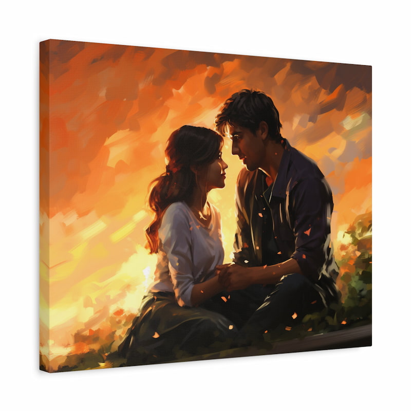 Paint by numbers kit of two lovers holding hands at sunset, surrounded by glowing golden light and warm romantic tones shown in a frame