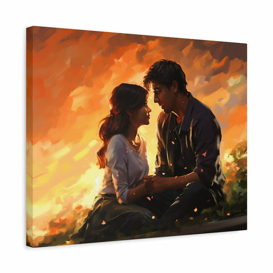 Paint by numbers kit of two lovers holding hands at sunset, surrounded by glowing golden light and warm romantic tones shown in a frame