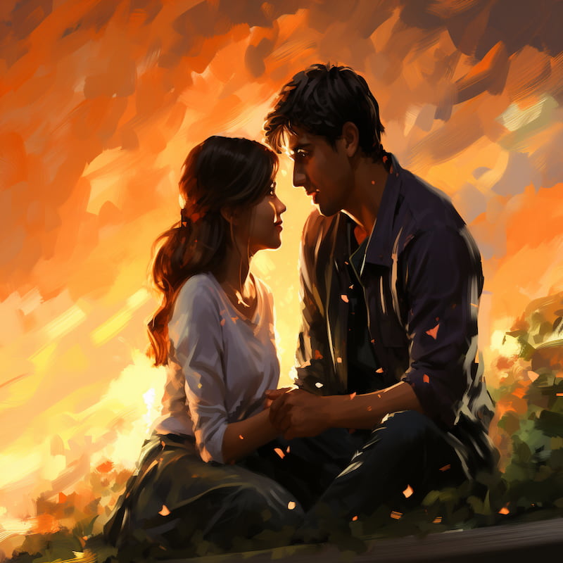 Paint by numbers kit of two lovers holding hands at sunset, surrounded by glowing golden light and warm romantic tones.