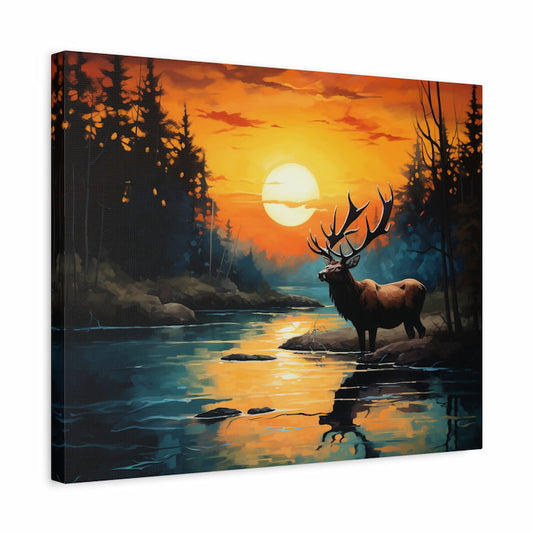 Paint by numbers kit of a stag by a river at sunset with glowing orange skies, dark forest trees, and water reflections shown in a frame