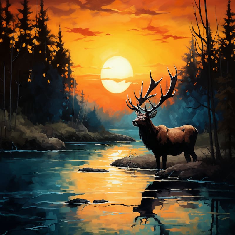 Paint by numbers kit of a stag by a river at sunset with glowing orange skies, dark forest trees, and water reflections.