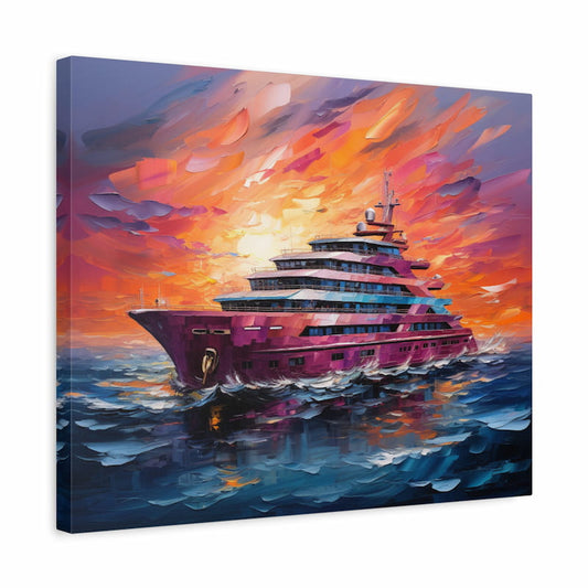 Paint by numbers kit of a cruise ship sailing on the ocean at sunset with vibrant orange and purple skies shown in a frame