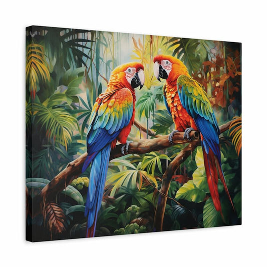 Paint by numbers kit of two colorful parrots sitting on branches in a tropical jungle shown in a frame