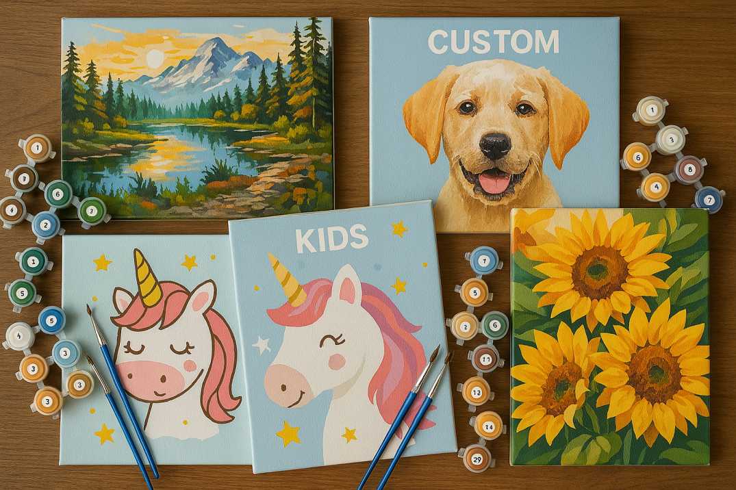 Flat lay photo showing five different paint by numbers kits including a mountain landscape, a custom dog portrait, two unicorn designs labeled “KIDS,” and a sunflower painting. Surrounding each canvas are numbered acrylic paint pots and paintbrushes on a wooden surface.