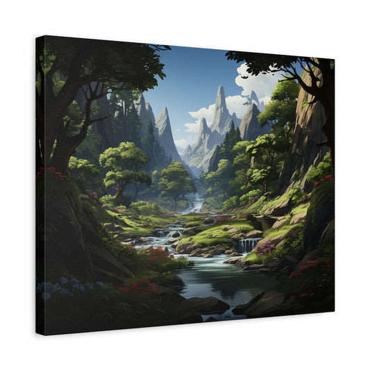 Paint by numbers kit of a mountain valley with sharp peaks, flowing streams, waterfalls, and wildflowers in a lush forest shown in a frame