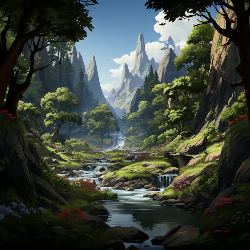 Paint by numbers kit of a mountain valley with sharp peaks, flowing streams, waterfalls, and wildflowers in a lush forest.