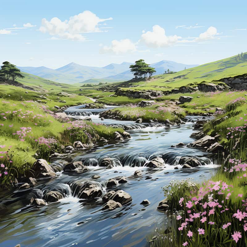 Paint by Numbers kit featuring a gentle stream flowing through green meadows with pink wildflowers, rocks, and distant rolling hills under a blue sky.