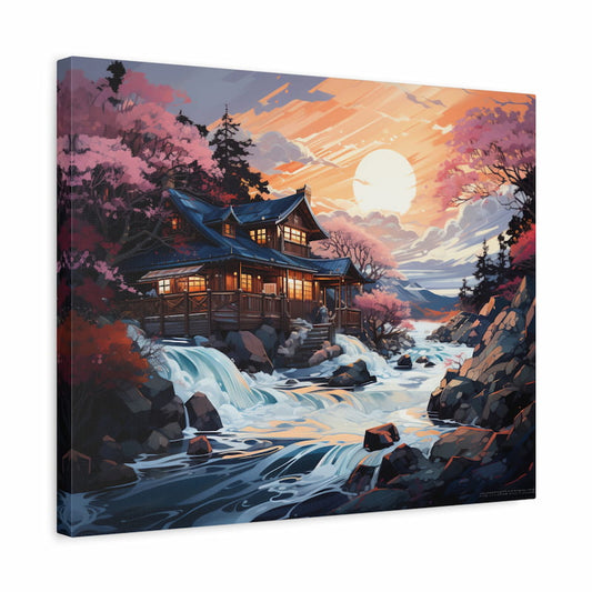 Paint by numbers kit of a Japanese-style house by a waterfall, surrounded by cherry blossoms and a glowing sunset shown in a frame