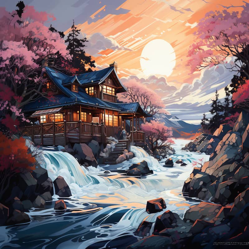 Paint by numbers kit of a Japanese-style house by a waterfall, surrounded by cherry blossoms and a glowing sunset.